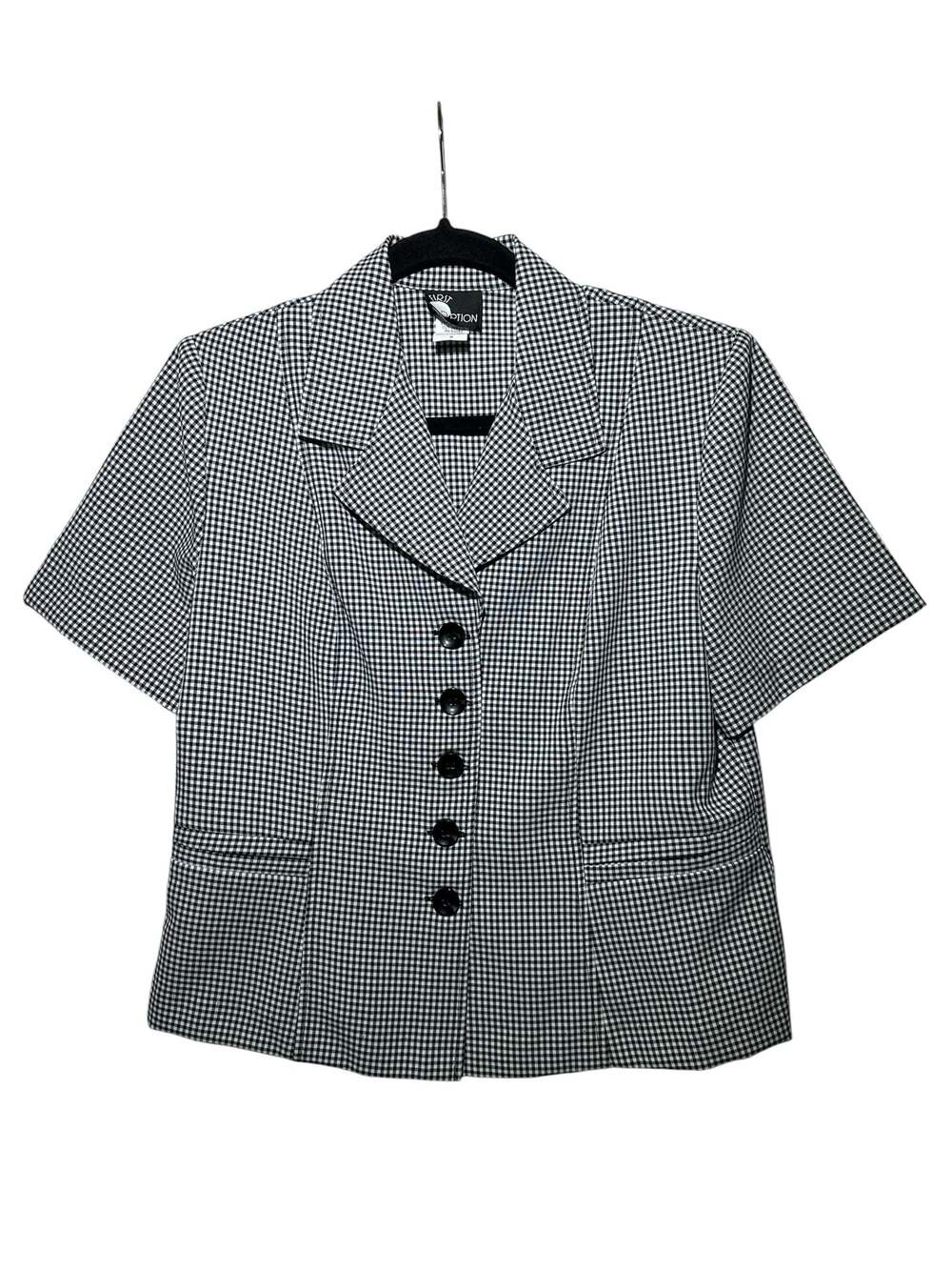 First Option Short Sleeve Black and White Gingham Blazer Size 8